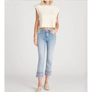 Driftwood Womens Collette Baby blue aztec cropped jean size 32 Embroidered hem